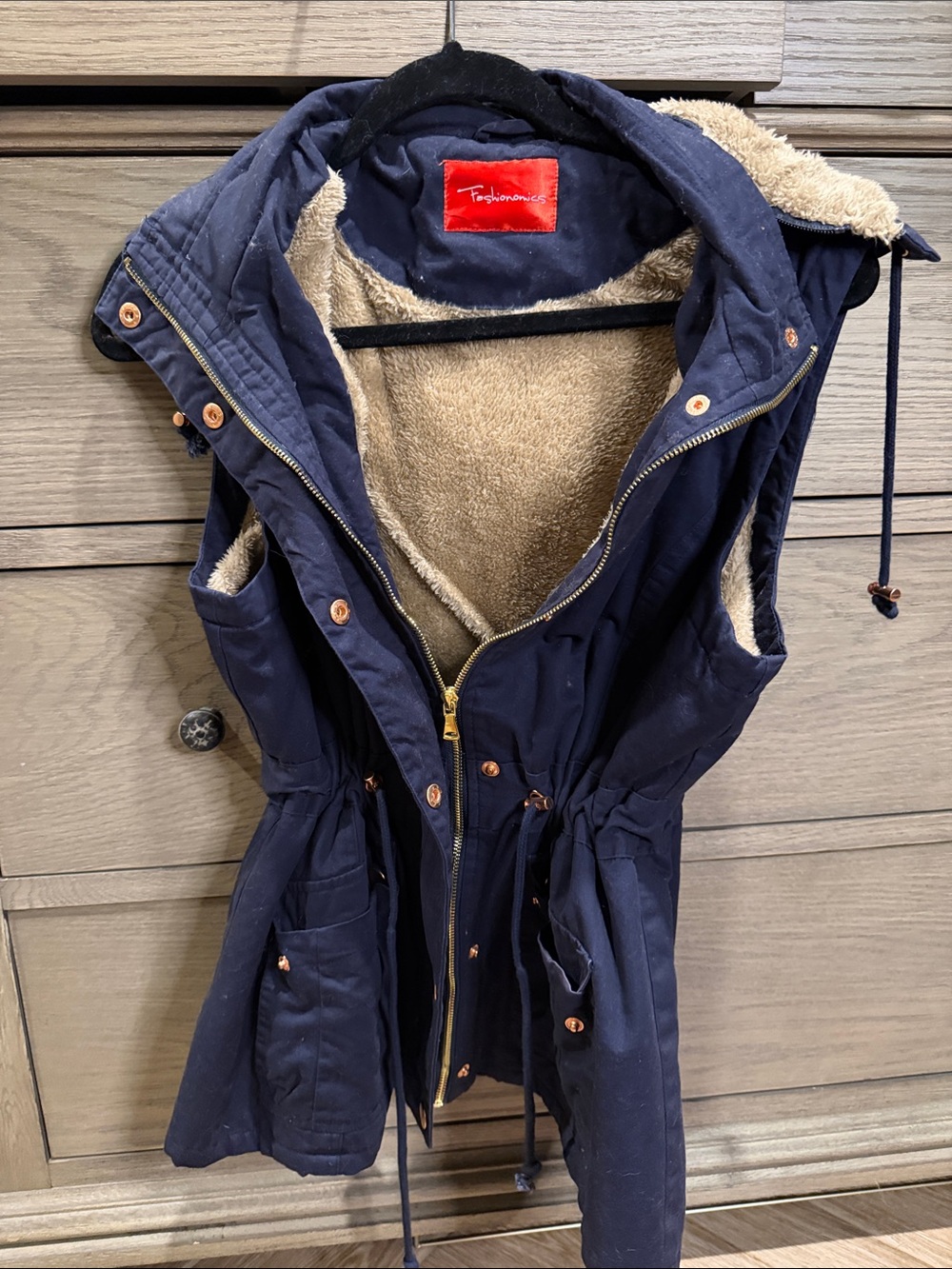 Fashionomics Navy Hooded Faux-Shearling Lined Drawstring Vest